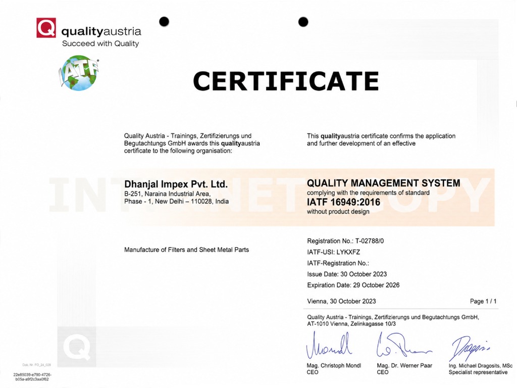 IATF 16949:2016 Quality Management System Certificate