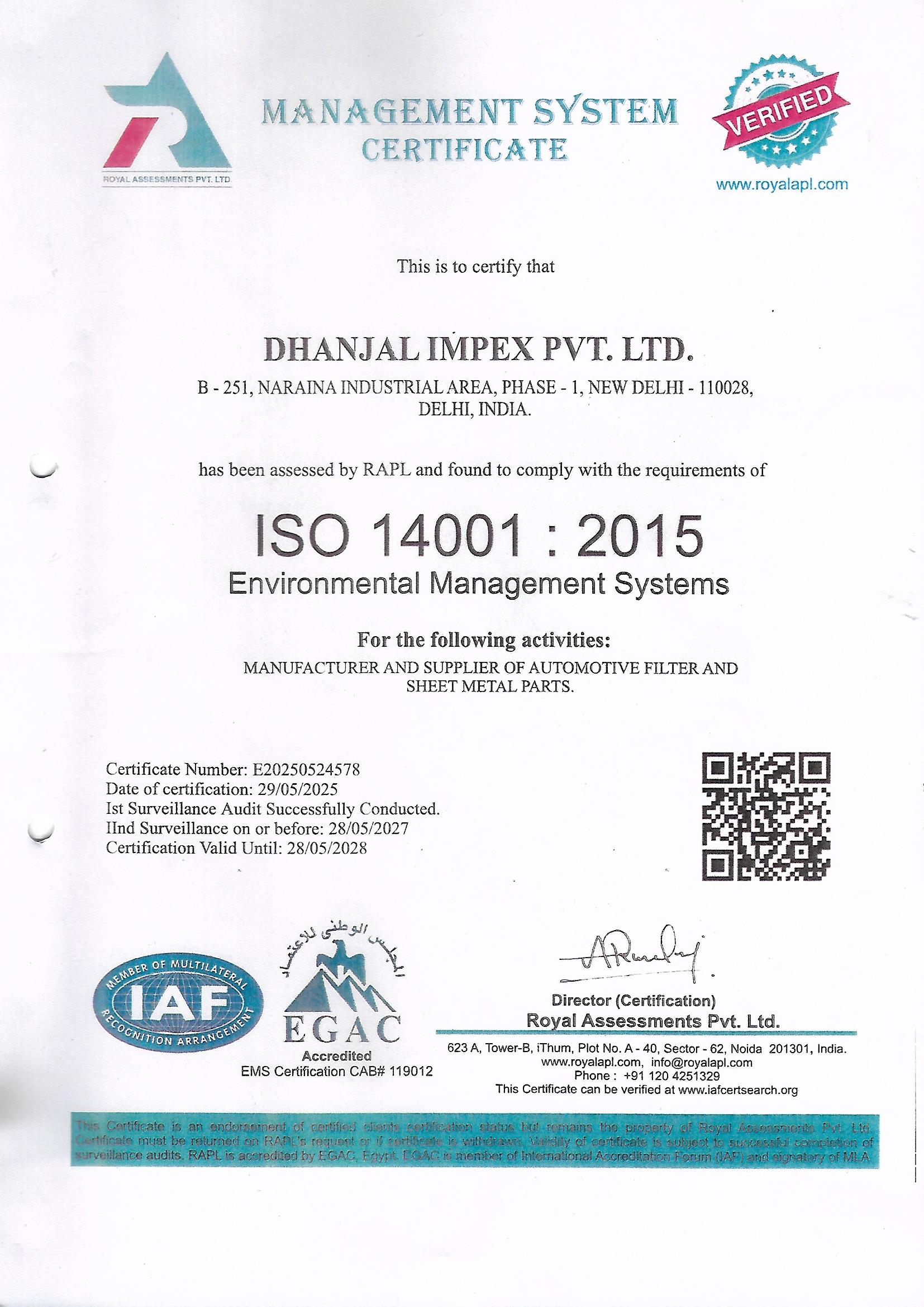 ISO 14001:2015 Environmental Management Systems Certificate