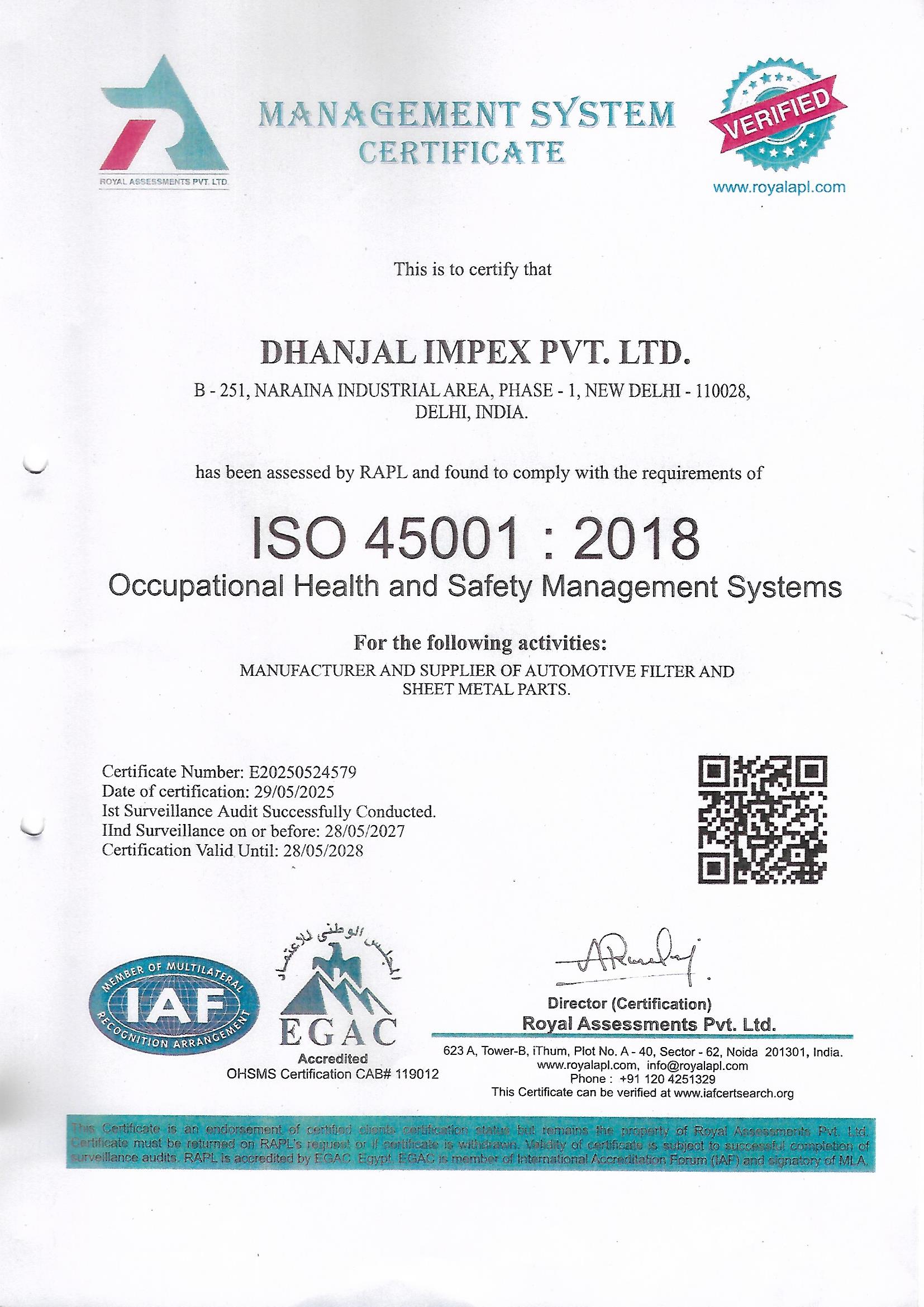 ISO 45001:2018 Occupational Health and Safety Certificate